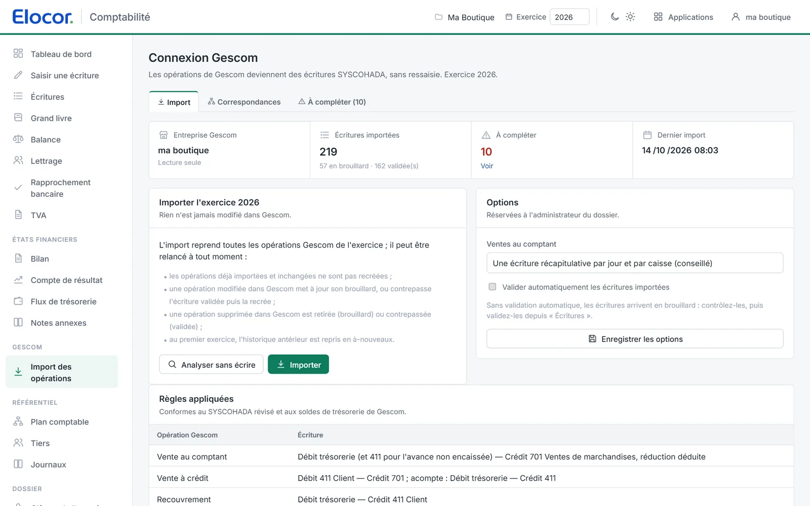 Connexion Gescom — Les opérations de Gescom importées et transformées en écritures.