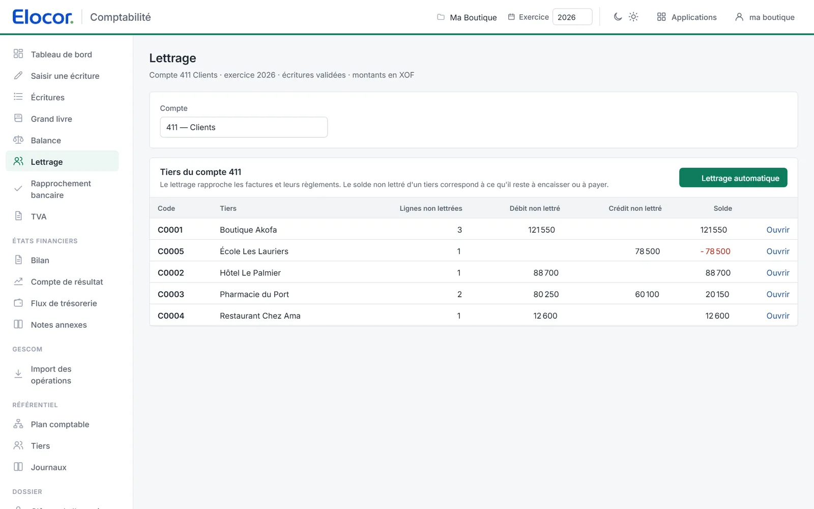 Lettrage — Factures et règlements rapprochés tiers par tiers.