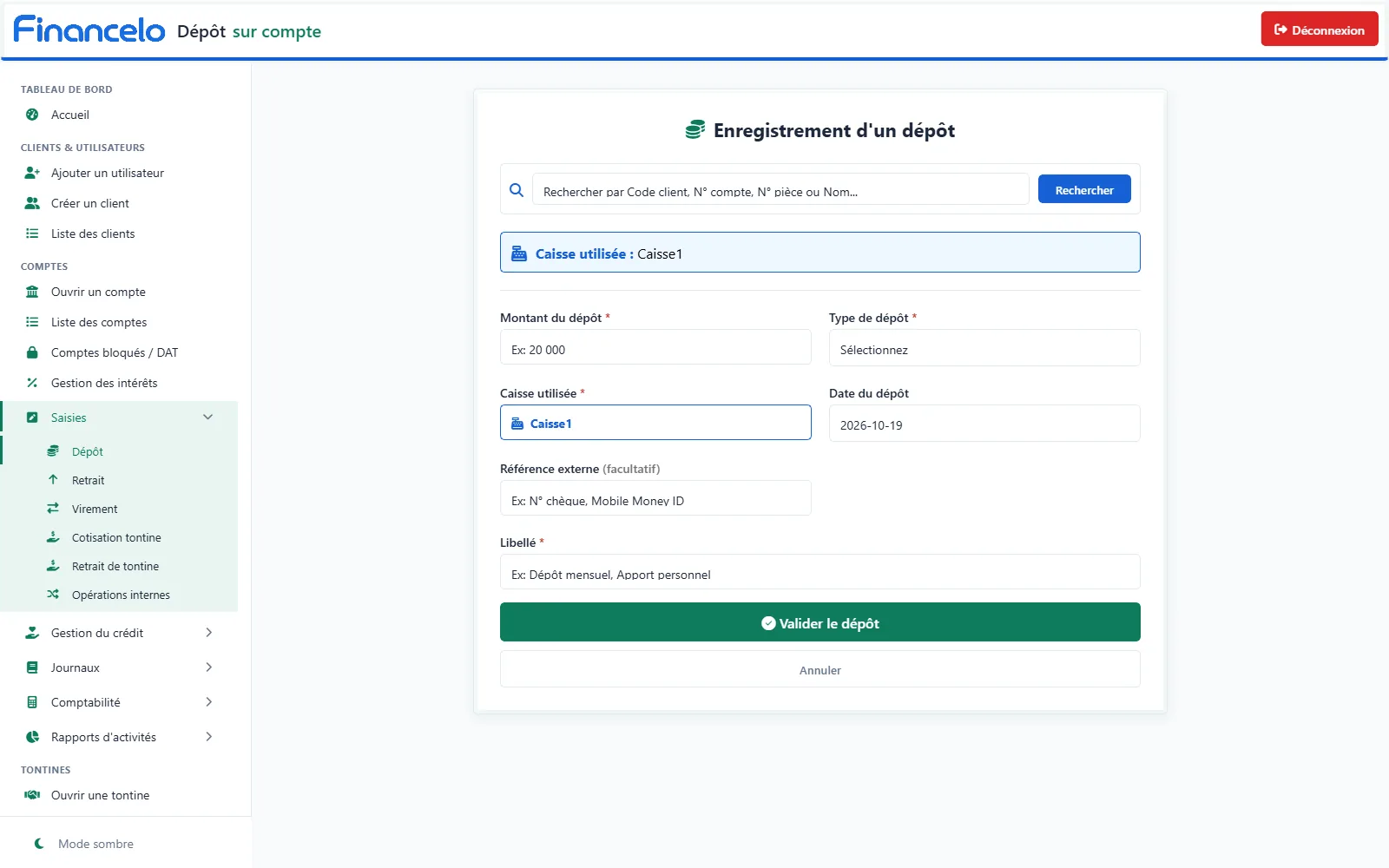 Saisie d'un dépôt — Recherche du client, caisse utilisée, montant et libellé.