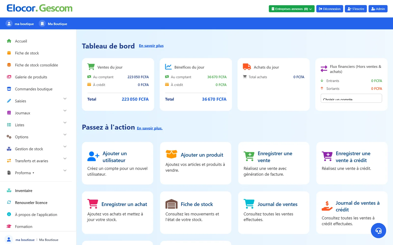 Tableau de bord — Ventes, bénéfices, achats et flux financiers du jour, en un coup d'œil.